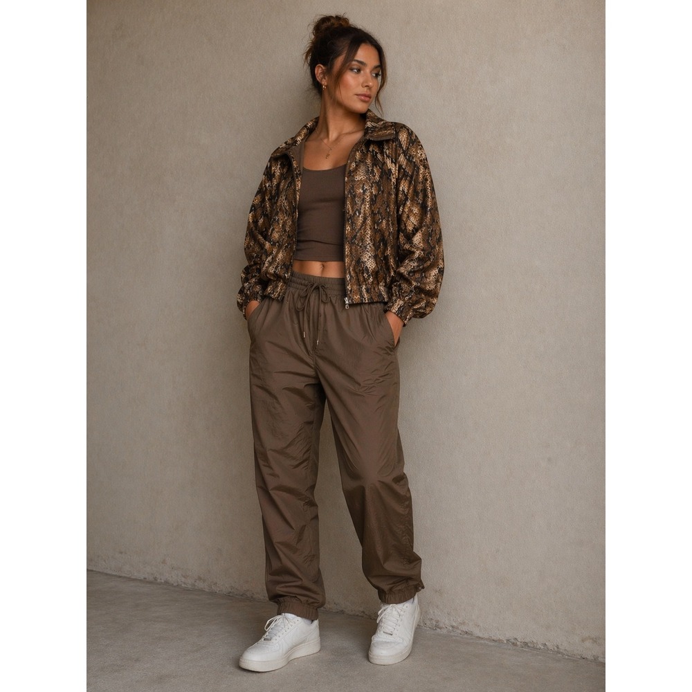 Fuda International Silk Bomber Jacket & Pant Set Womens S Brown Snakeskin Print